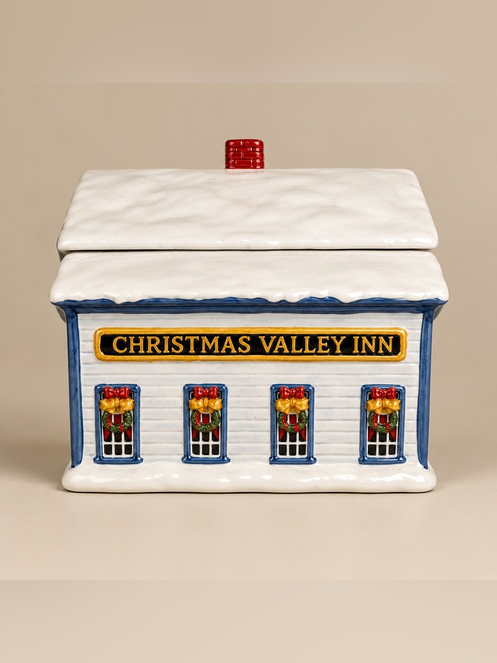 Sakura David Carter Brown Holiday "Christmas Valley Inn" Ceramic Cookie Jar.